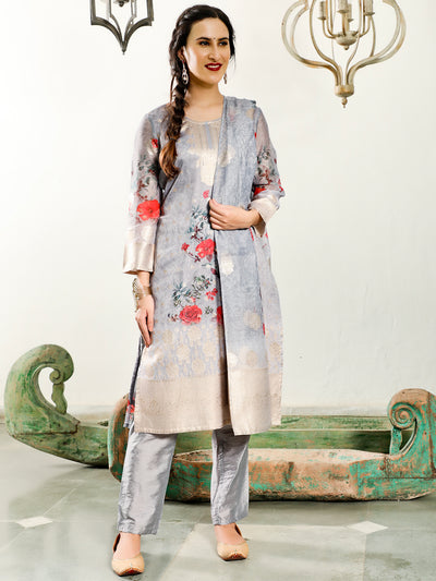 Grey Floral Print Kurta Pant With Dupatta