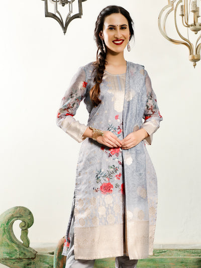 Grey Floral Print Kurta Pant With Dupatta