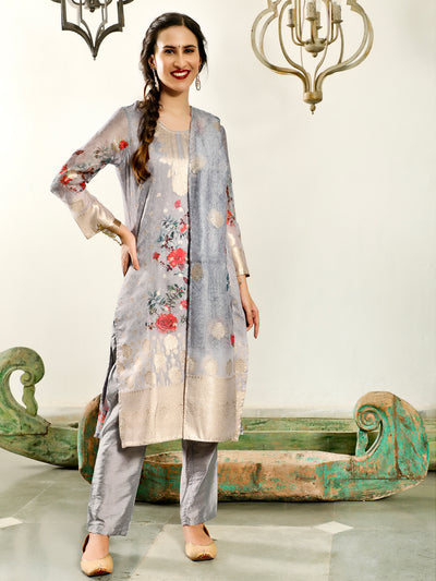 Grey Floral Print Kurta Pant With Dupatta