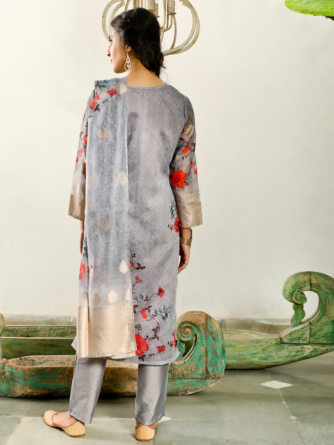 Grey Floral Print Kurta Pant With Dupatta