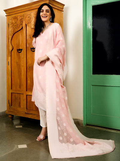 Pink Woven Designed Kurta Pant With Dupatta