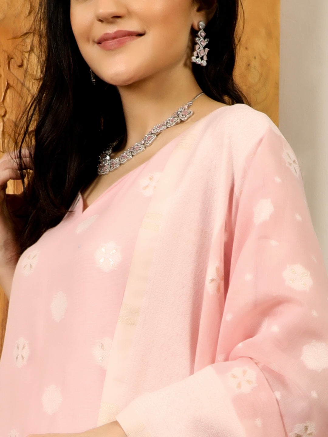 Pink Woven Designed Kurta Pant With Dupatta