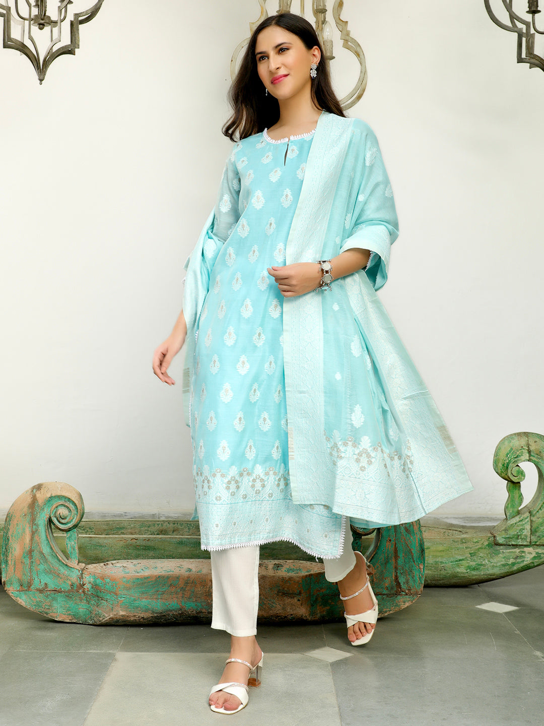 Sea Blue Woven Designed Kurta Pant With Dupatta