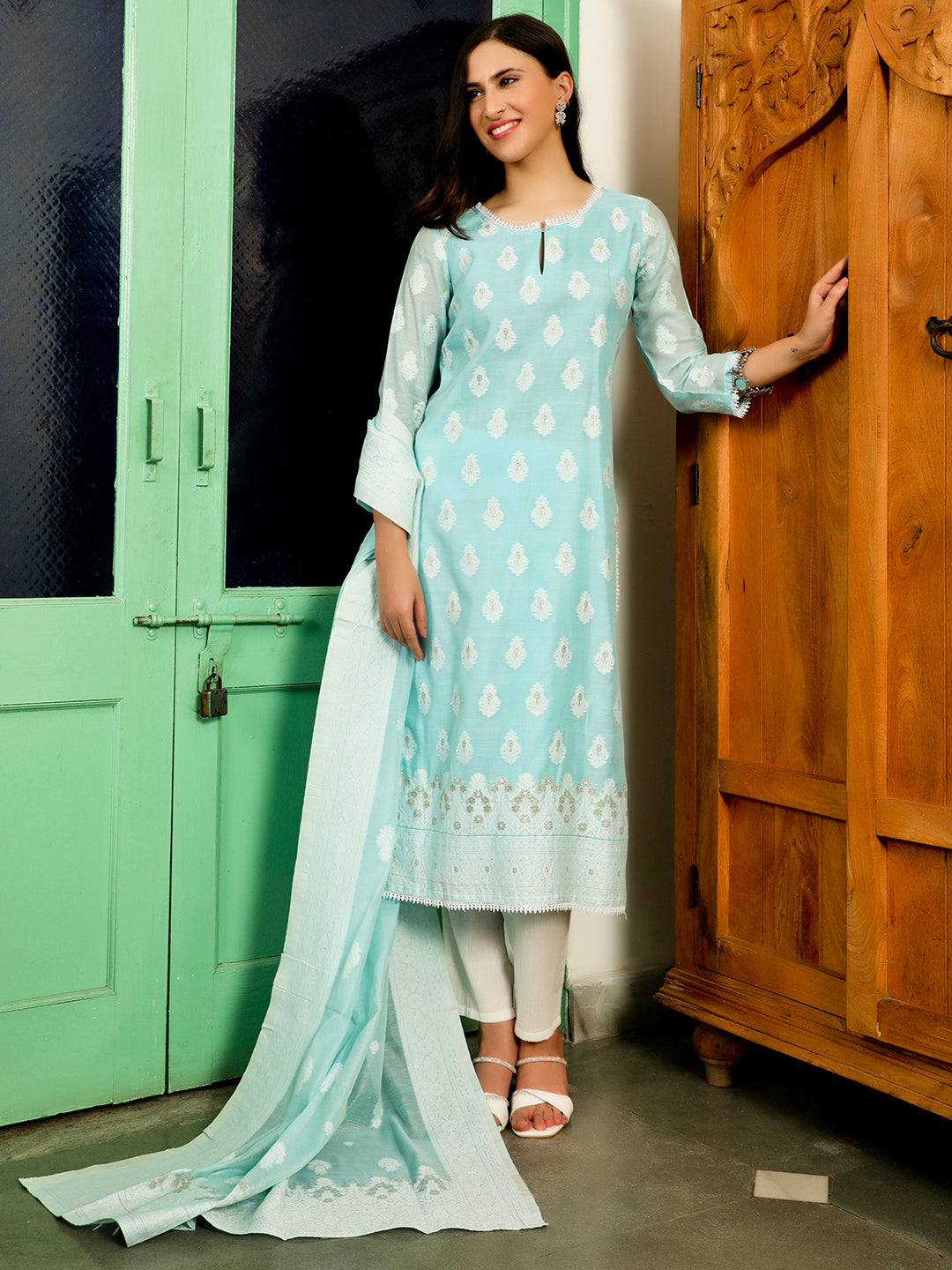 Sea Blue Woven Designed Kurta Pant With Dupatta