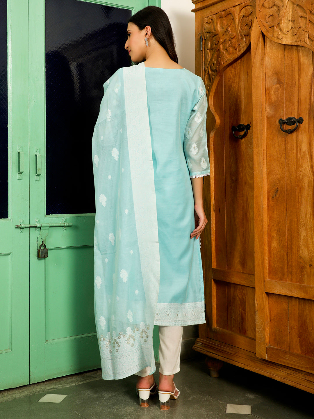 Sea Blue Woven Designed Kurta Pant With Dupatta