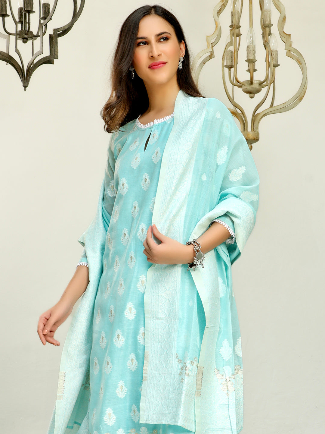 Sea Blue Woven Designed Kurta Pant With Dupatta