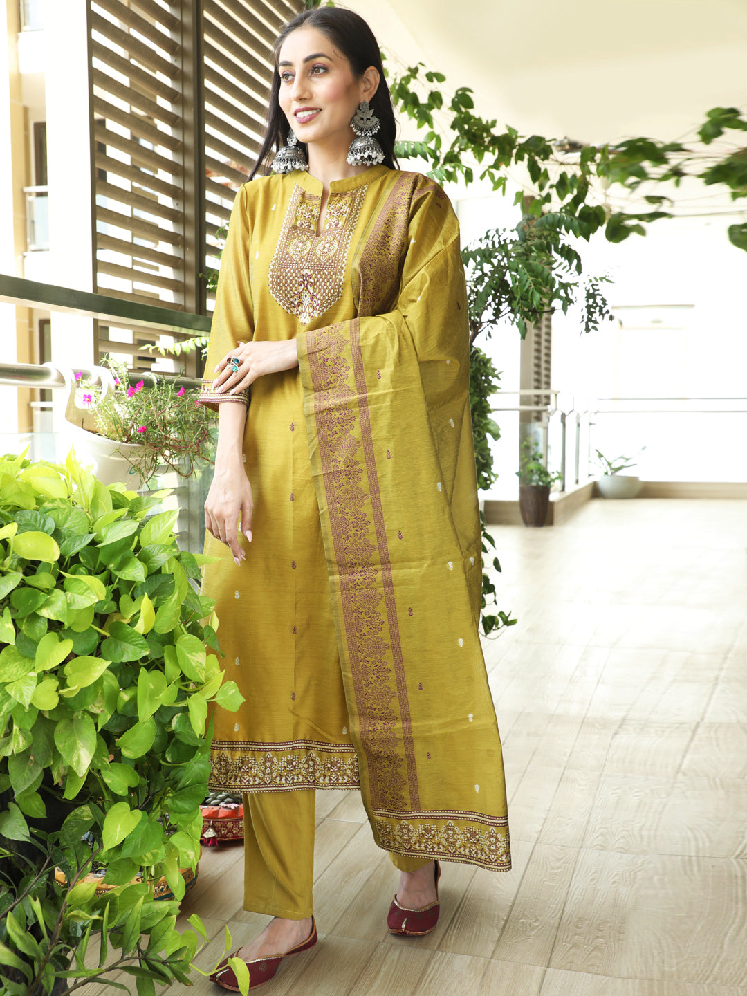 Mustard Woven Designed Kurta Pant With Dupatta