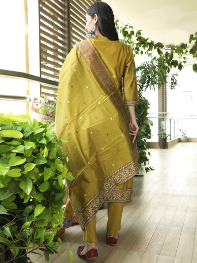 Mustard Woven Designed Kurta Pant With Dupatta