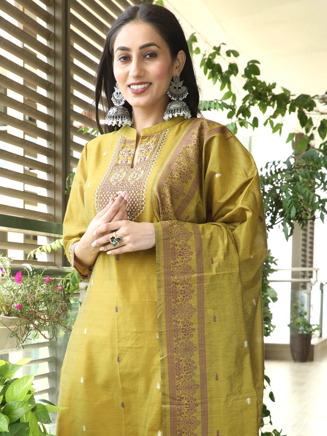 Mustard Woven Designed Kurta Pant With Dupatta