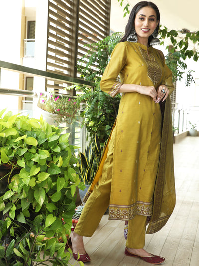 Mustard Woven Designed Kurta Pant With Dupatta