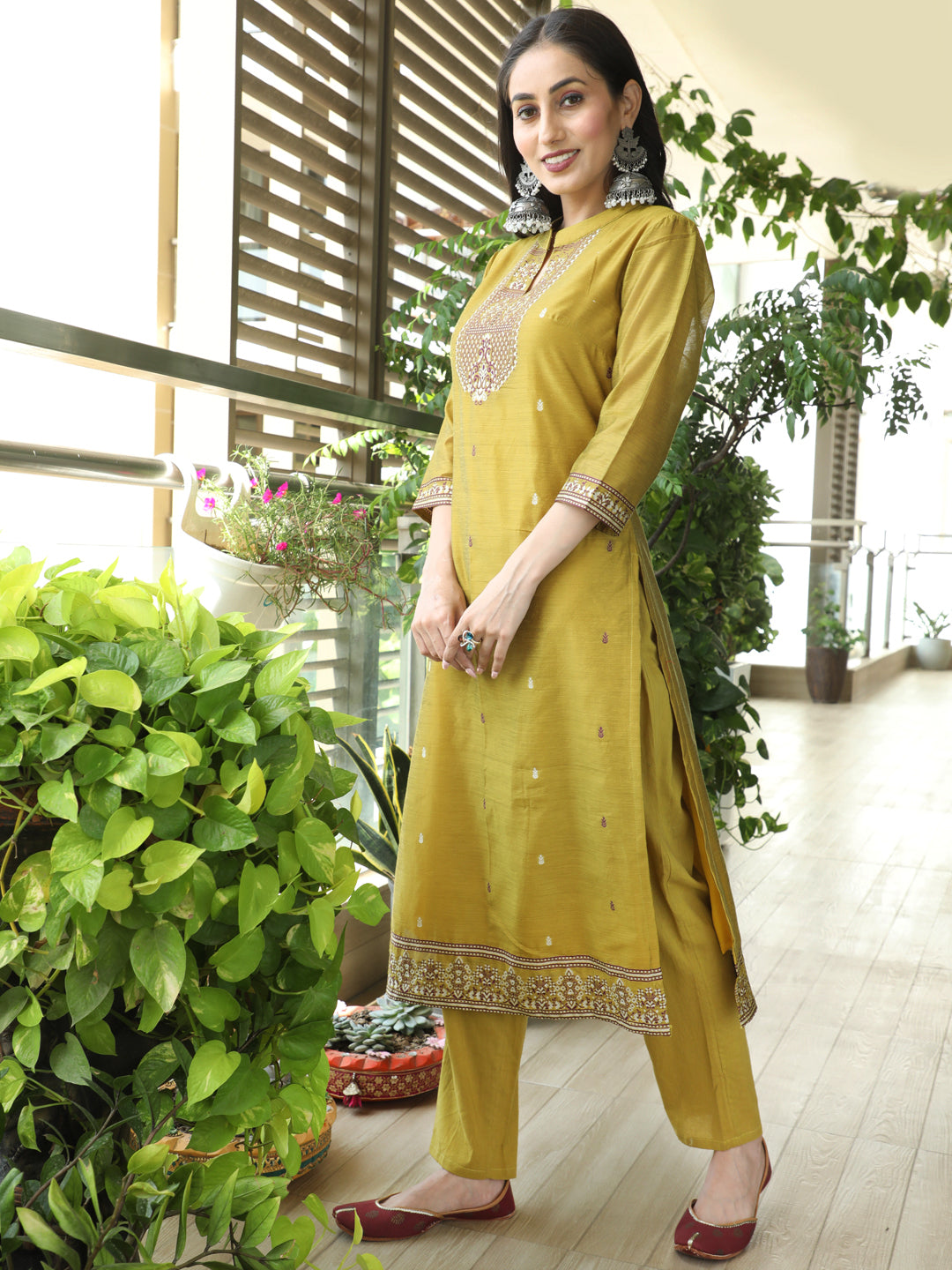 Mustard Woven Designed Kurta Pant With Dupatta