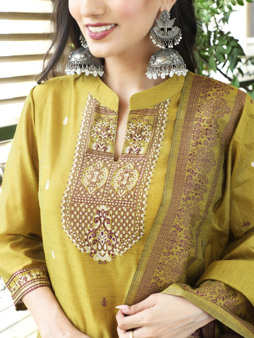 Mustard Woven Designed Kurta Pant With Dupatta