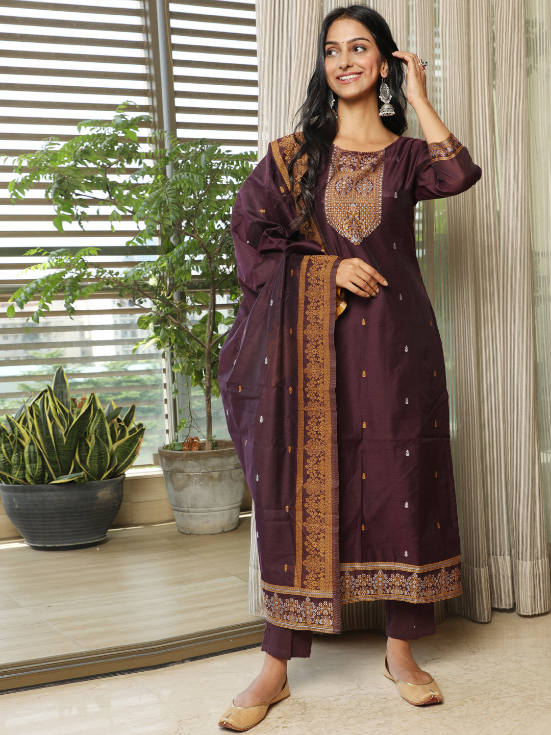 Purple Woven Designed Kurta Pant With Dupatta
