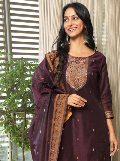 Purple Woven Designed Kurta Pant With Dupatta