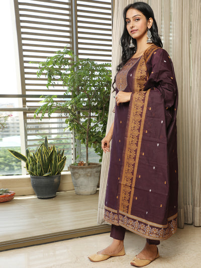 Purple Woven Designed Kurta Pant With Dupatta