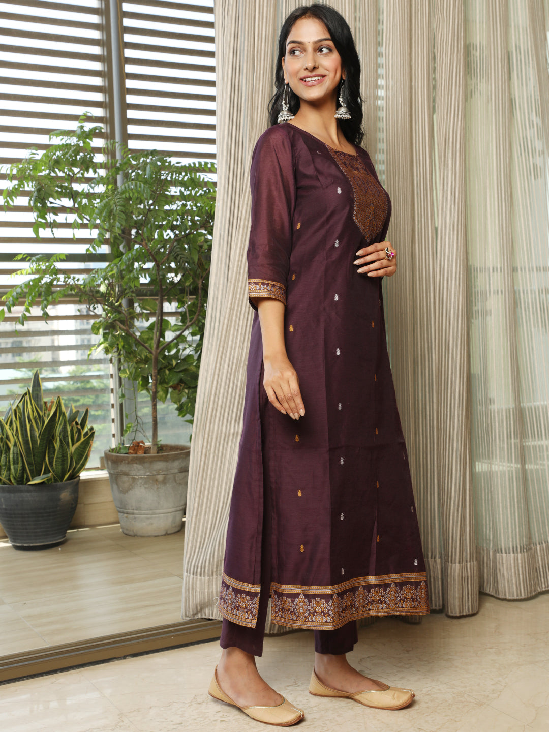 Purple Woven Designed Kurta Pant With Dupatta