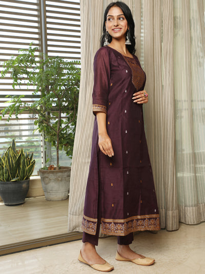 Purple Woven Designed Kurta Pant With Dupatta