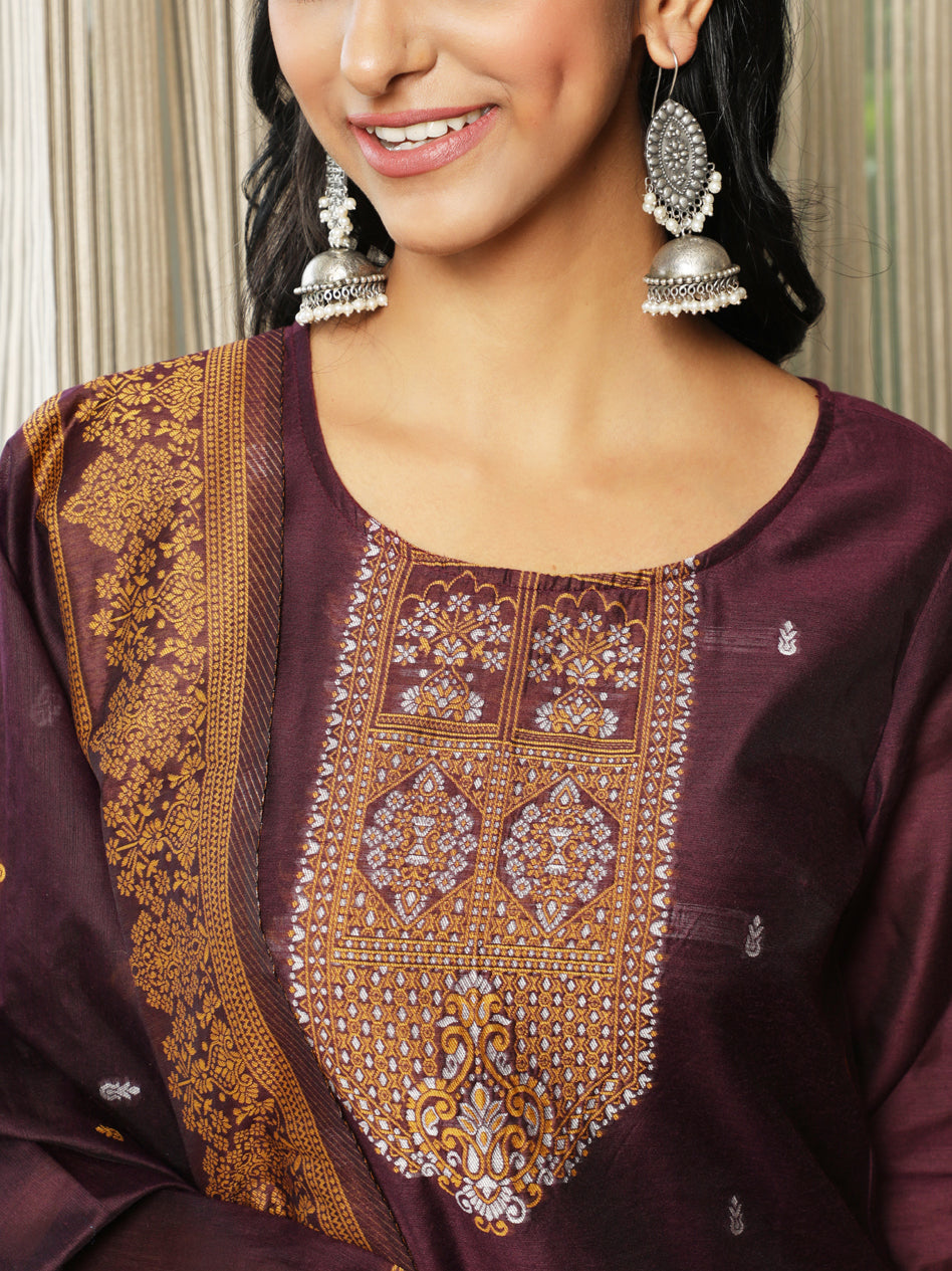 Purple Woven Designed Kurta Pant With Dupatta