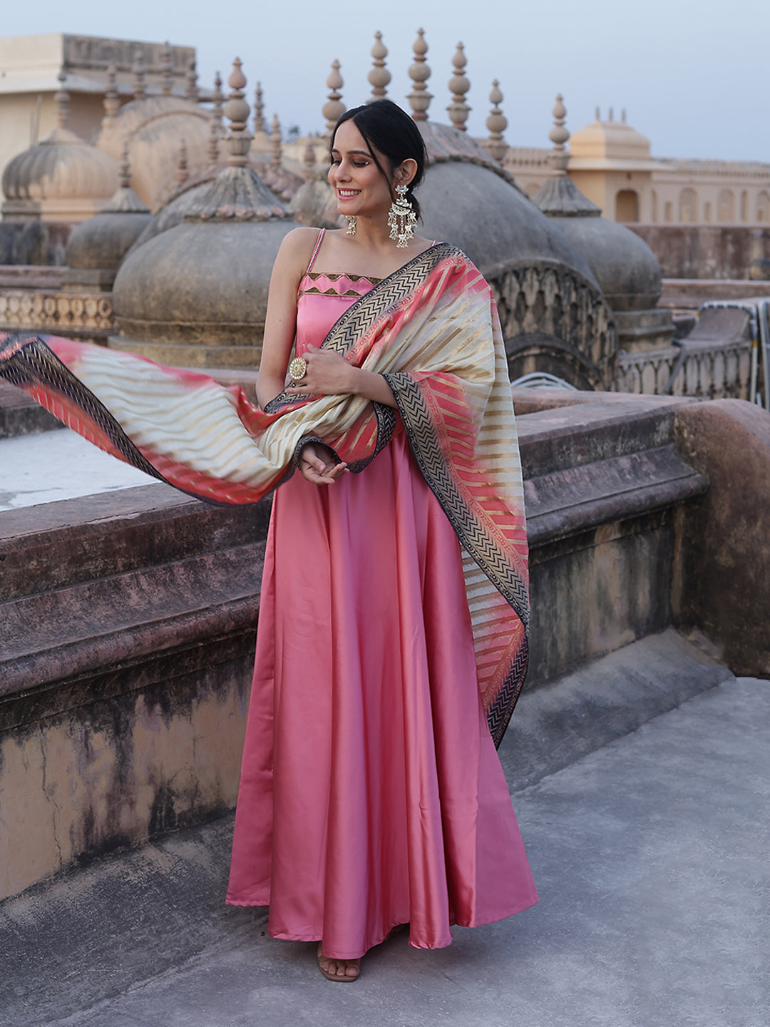Pink Embellished Dress With Dupatta