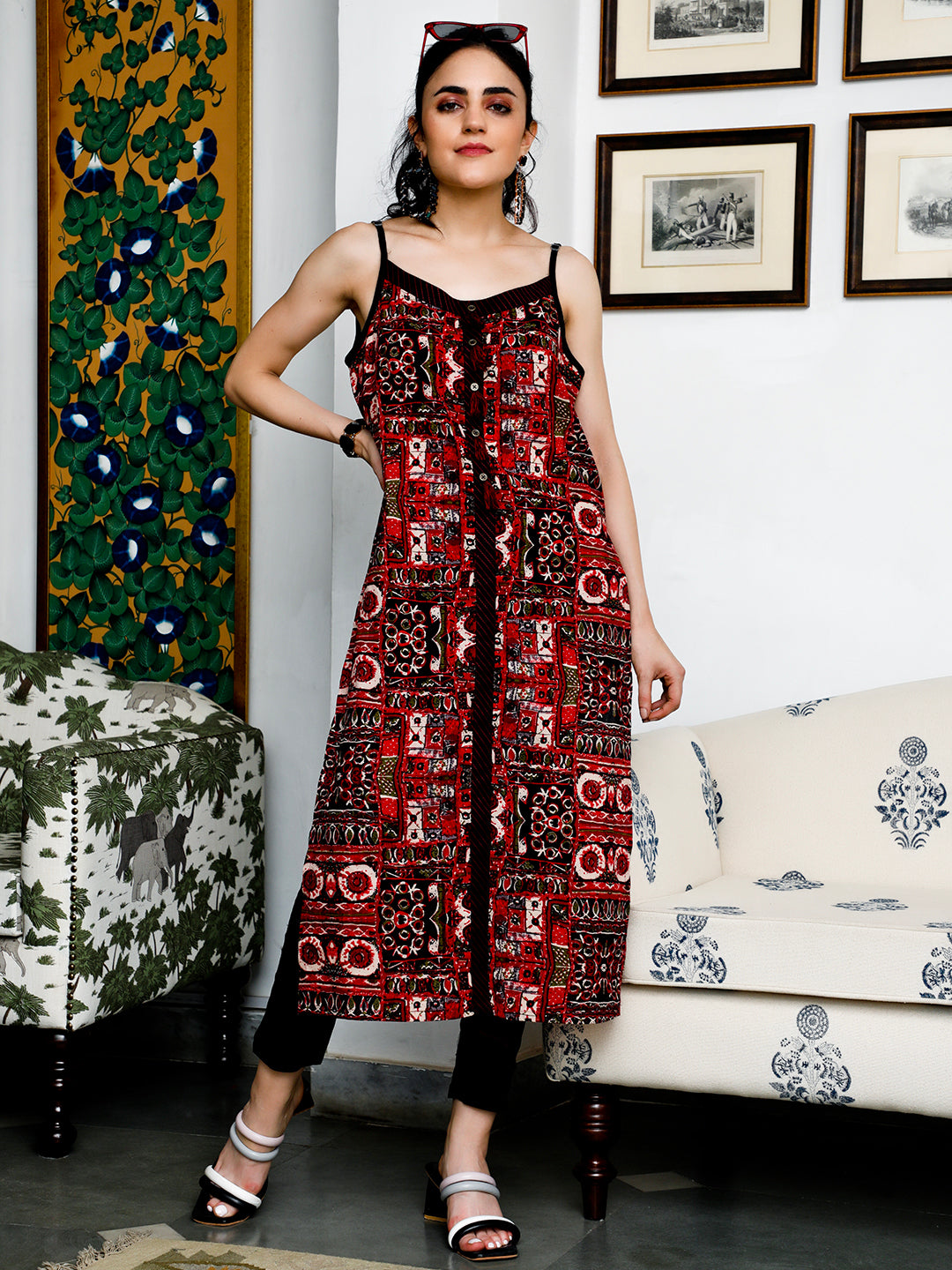 Black & Maroon Printed Kurta