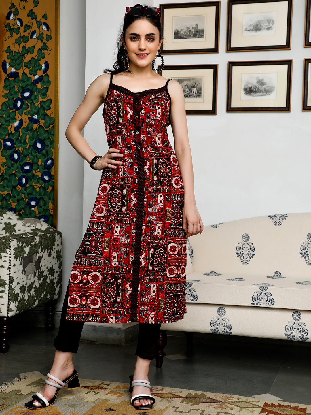 Black & Maroon Printed Kurta