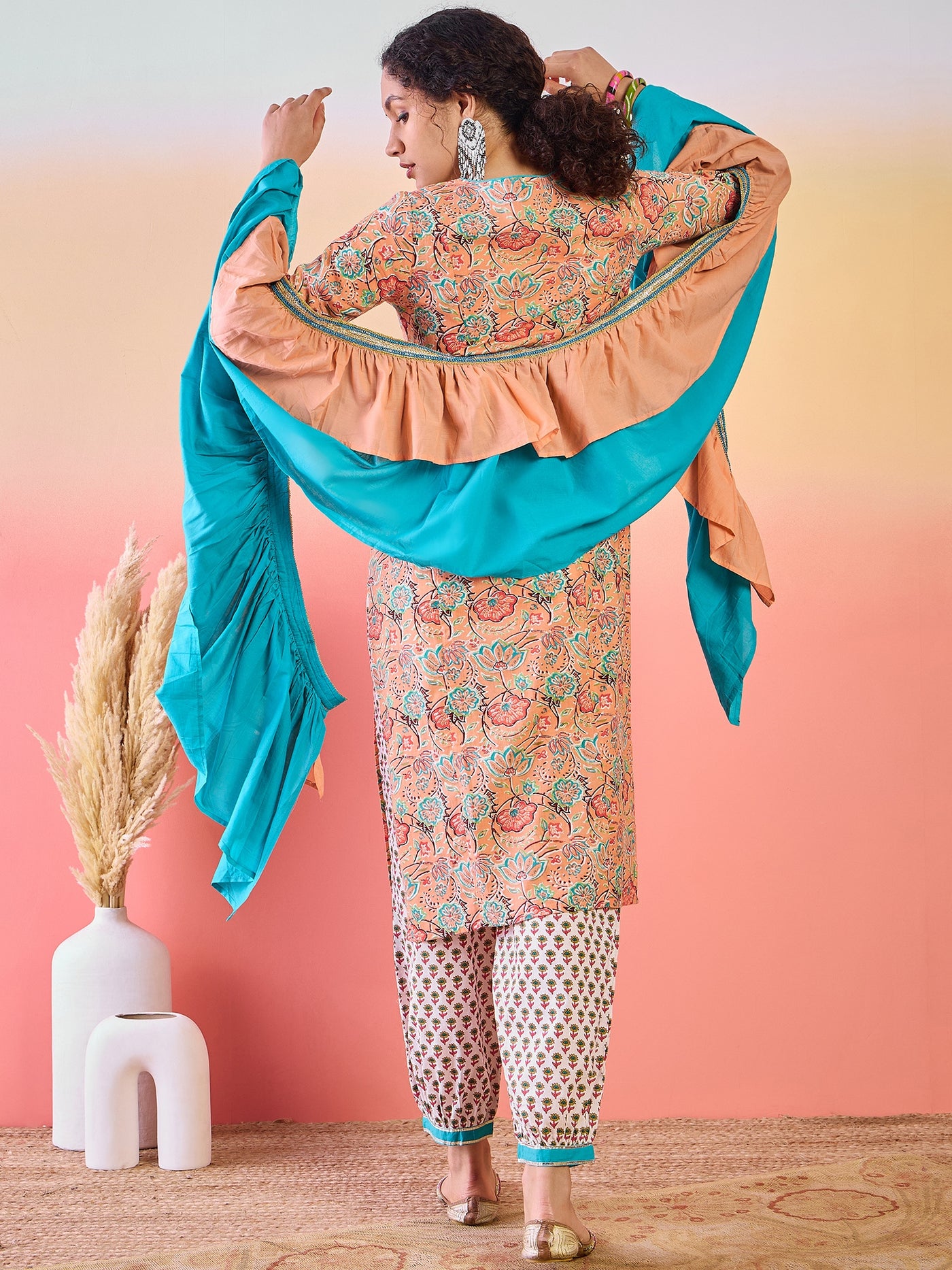 Peach Floral Print Kurta Palazzo With Dupatta