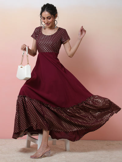 Maroon Gold Foil Print Maxi Dress