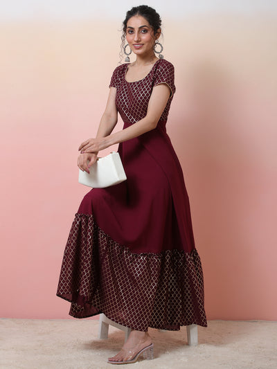 Maroon Gold Foil Print Maxi Dress