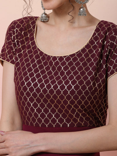 Maroon Gold Foil Print Maxi Dress