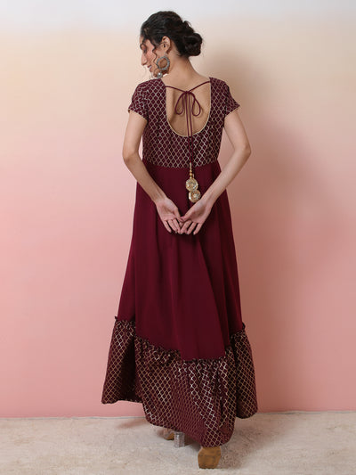 Maroon Gold Foil Print Maxi Dress