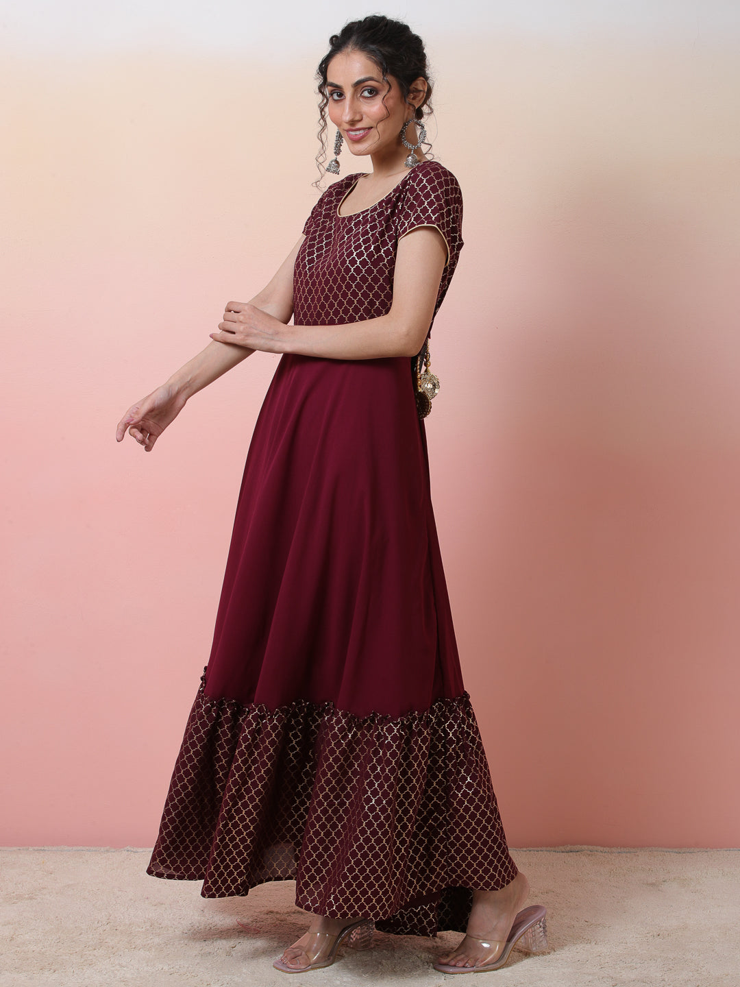 Maroon Gold Foil Print Maxi Dress