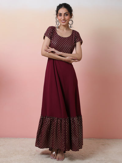 Maroon Gold Foil Print Maxi Dress