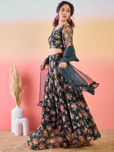 Dark Green  Floral Print Lehenga Choli With Dupatta