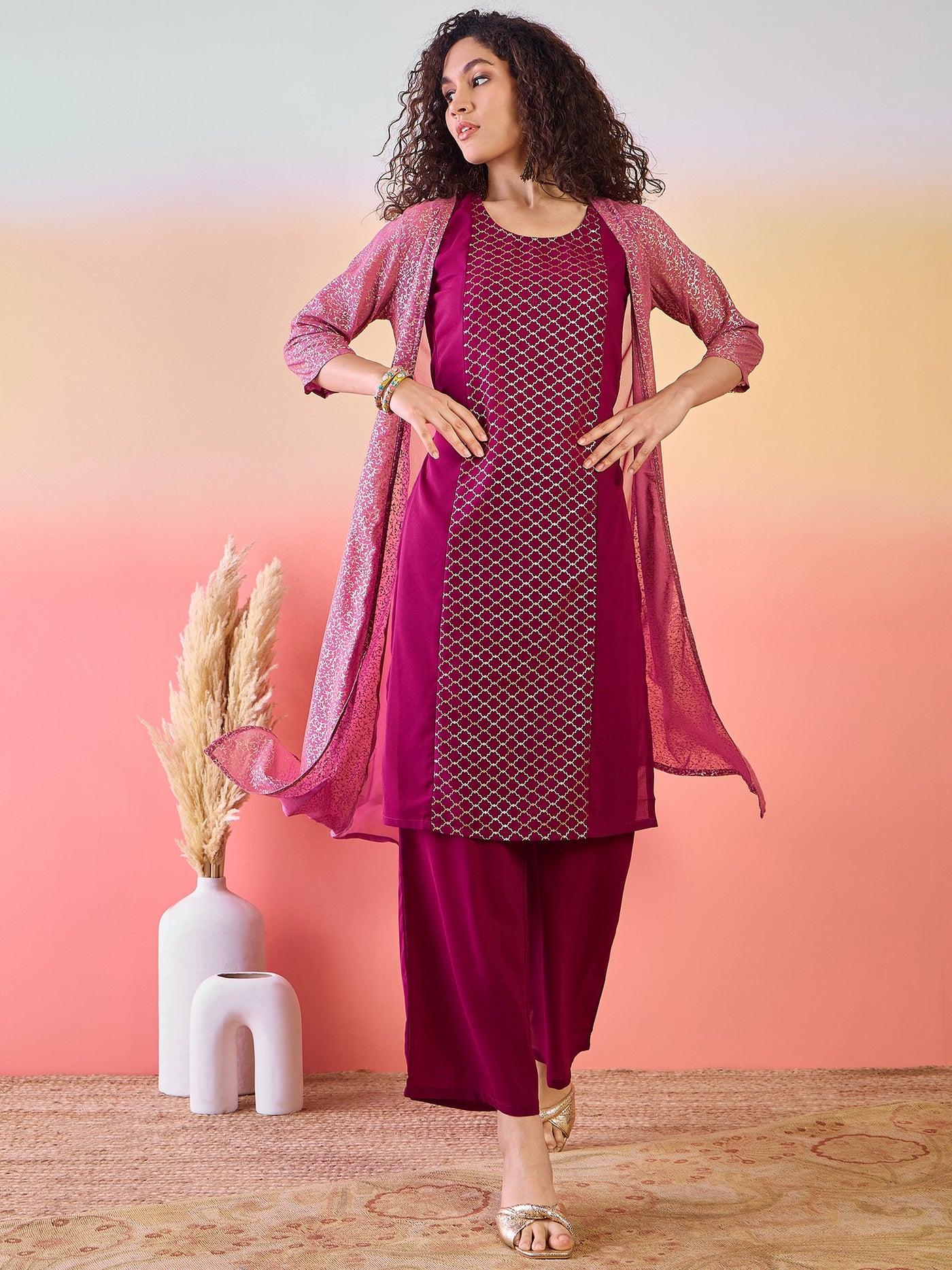 Maroon & Mauve Gold Foil Printed Kurta Palazzo With Jacket