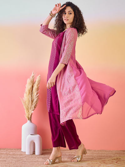 Maroon & Mauve Gold Foil Printed Kurta Palazzo With Jacket