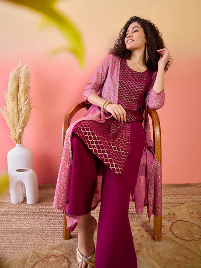 Maroon & Mauve Gold Foil Printed Kurta Palazzo With Jacket