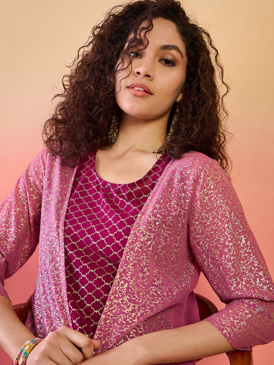 Maroon & Mauve Gold Foil Printed Kurta Palazzo With Jacket