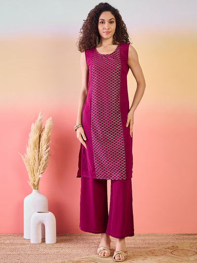 Maroon & Mauve Gold Foil Printed Kurta Palazzo With Jacket