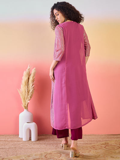 Maroon & Mauve Gold Foil Printed Kurta Palazzo With Jacket