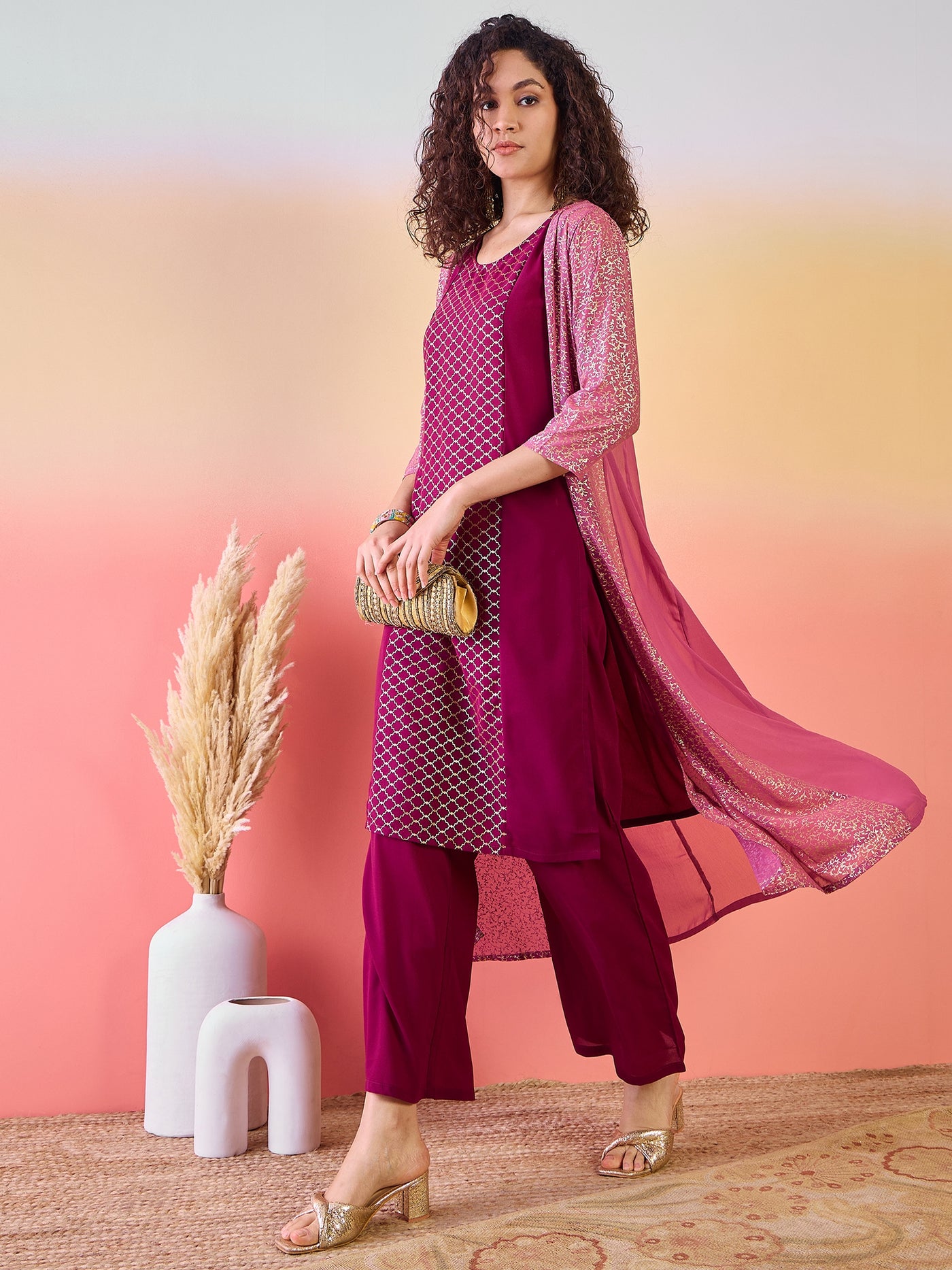 Maroon & Mauve Gold Foil Printed Kurta Palazzo With Jacket