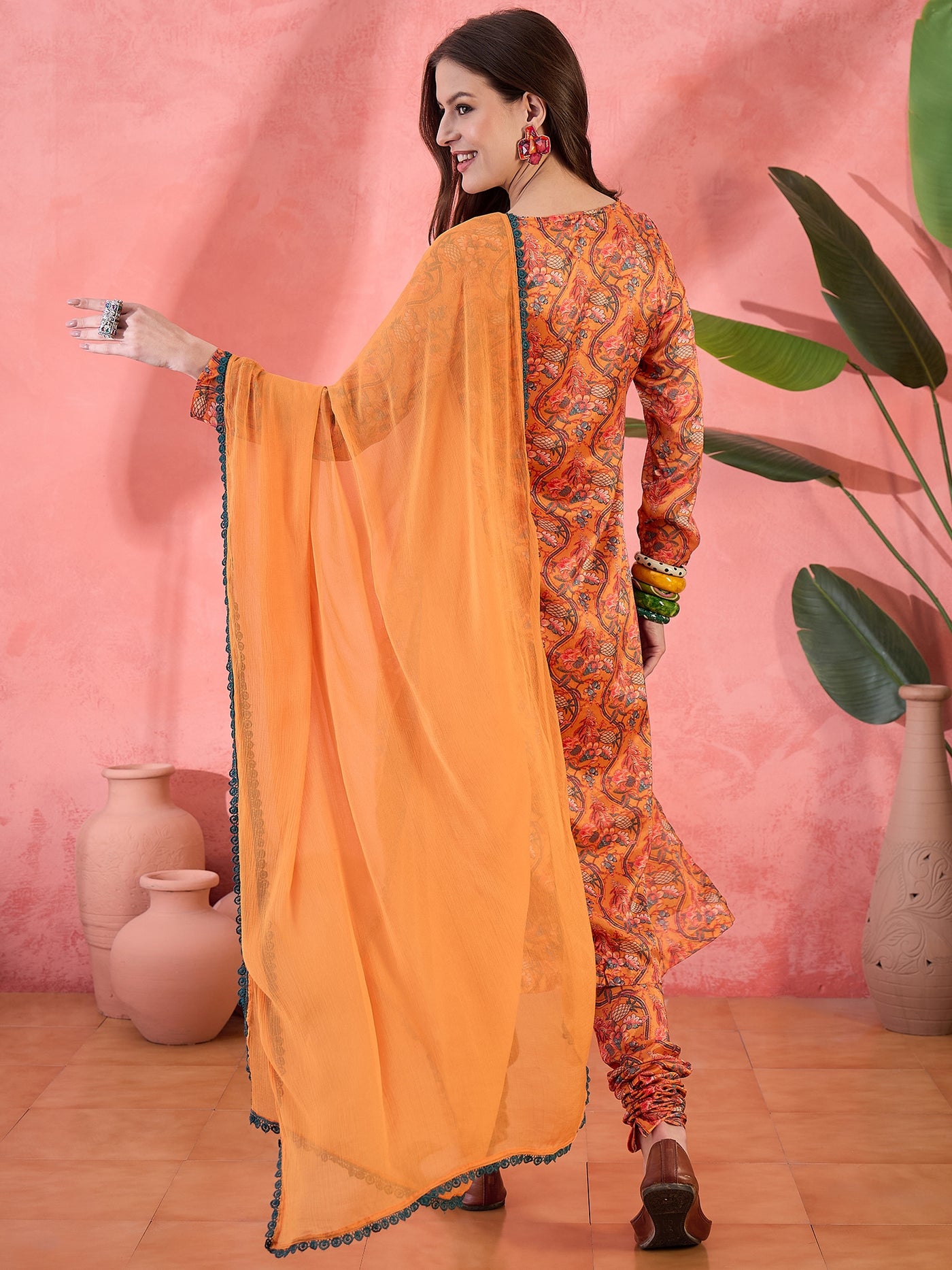 Orange Floral Print Anarkali Churidar With Dupatta