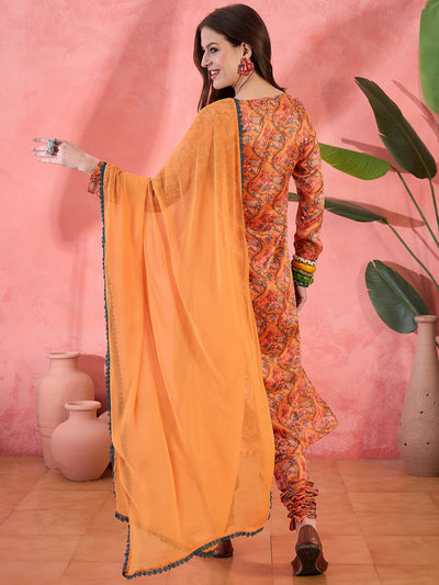Orange Floral Print Anarkali Churidar With Dupatta