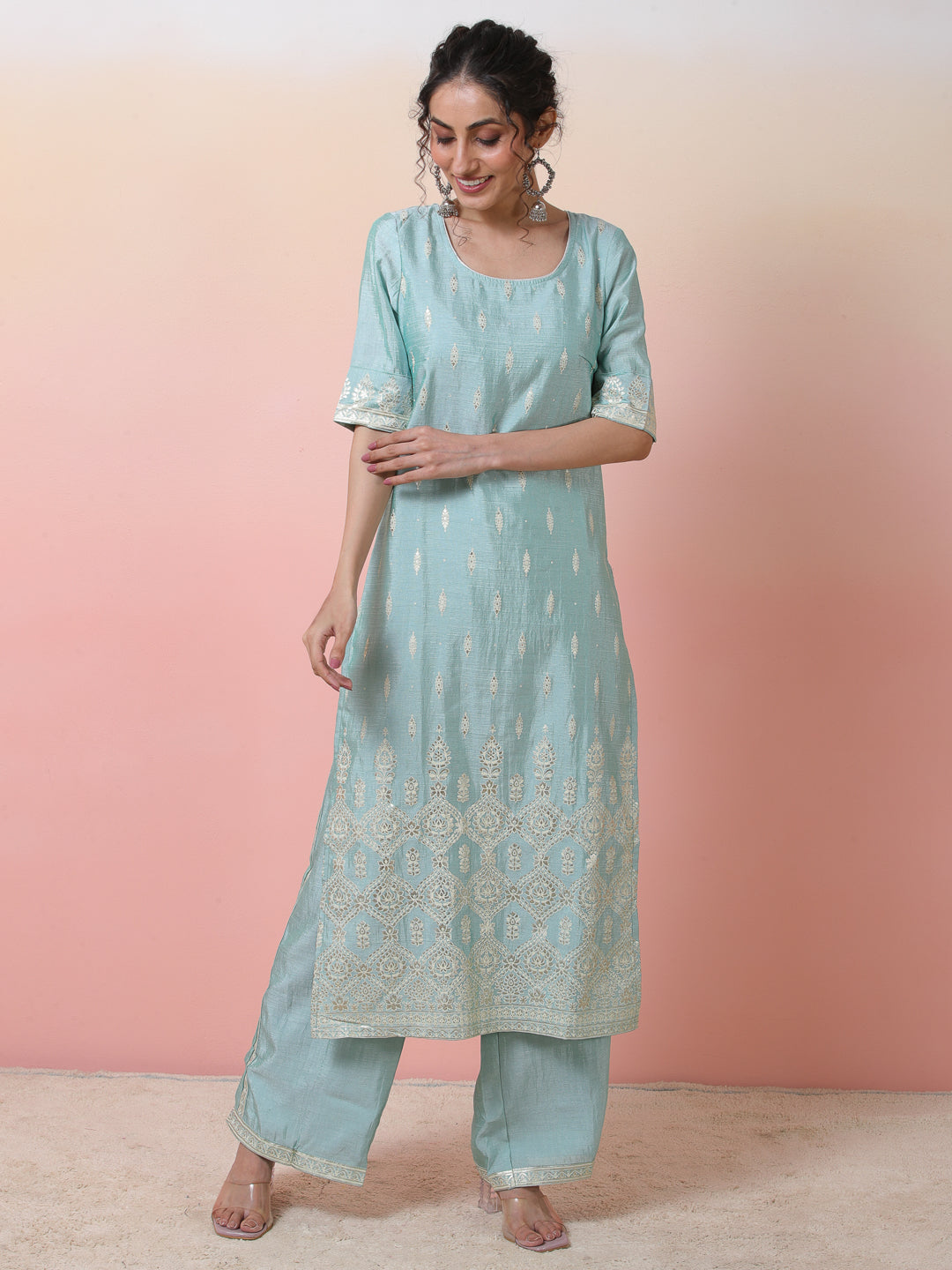 Blue Foil Printed Kurta With Palazzo