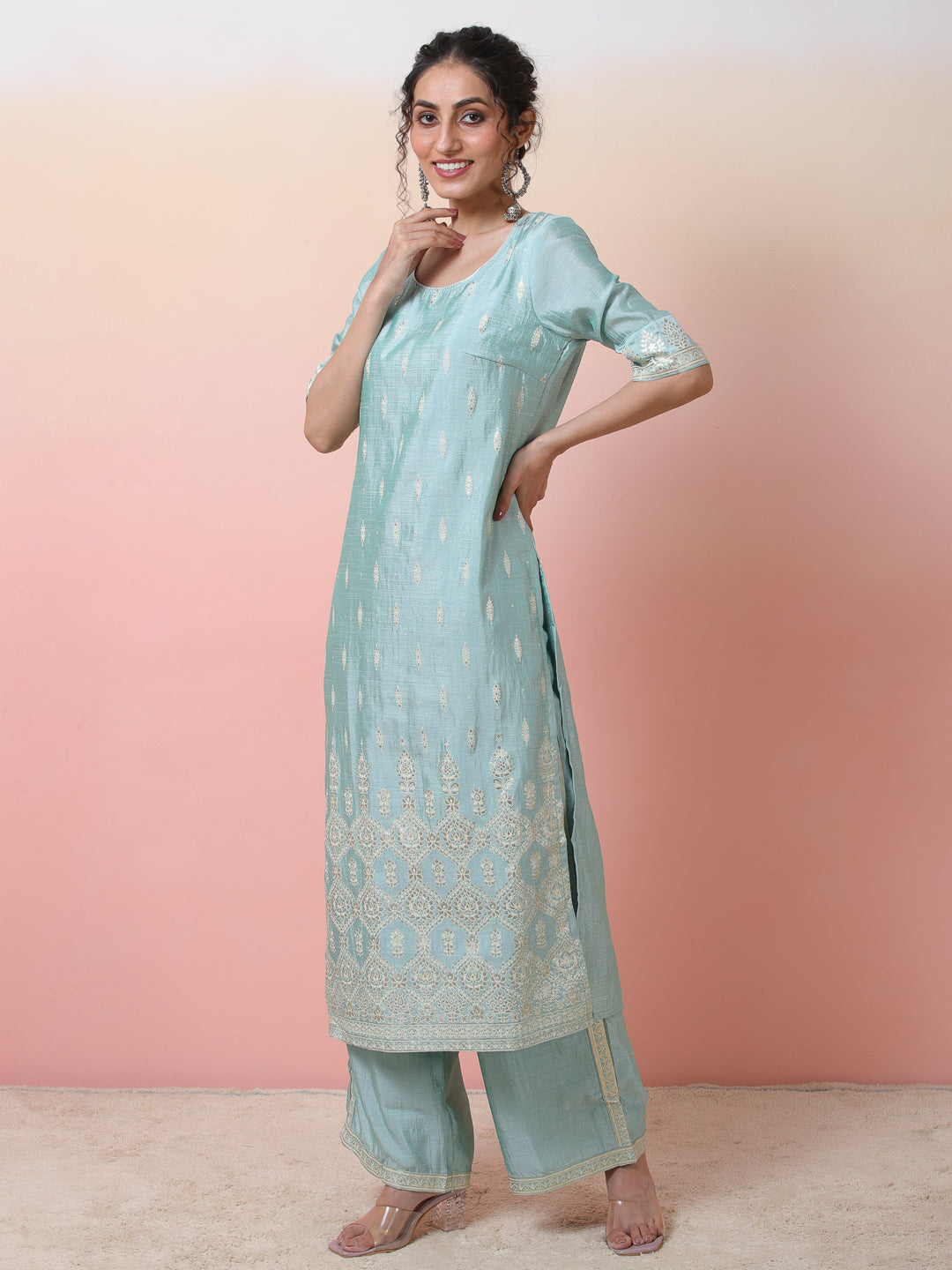 Blue Foil Printed Kurta With Palazzo