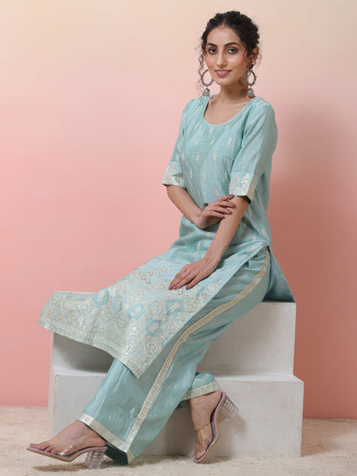 Blue Foil Printed Kurta With Palazzo