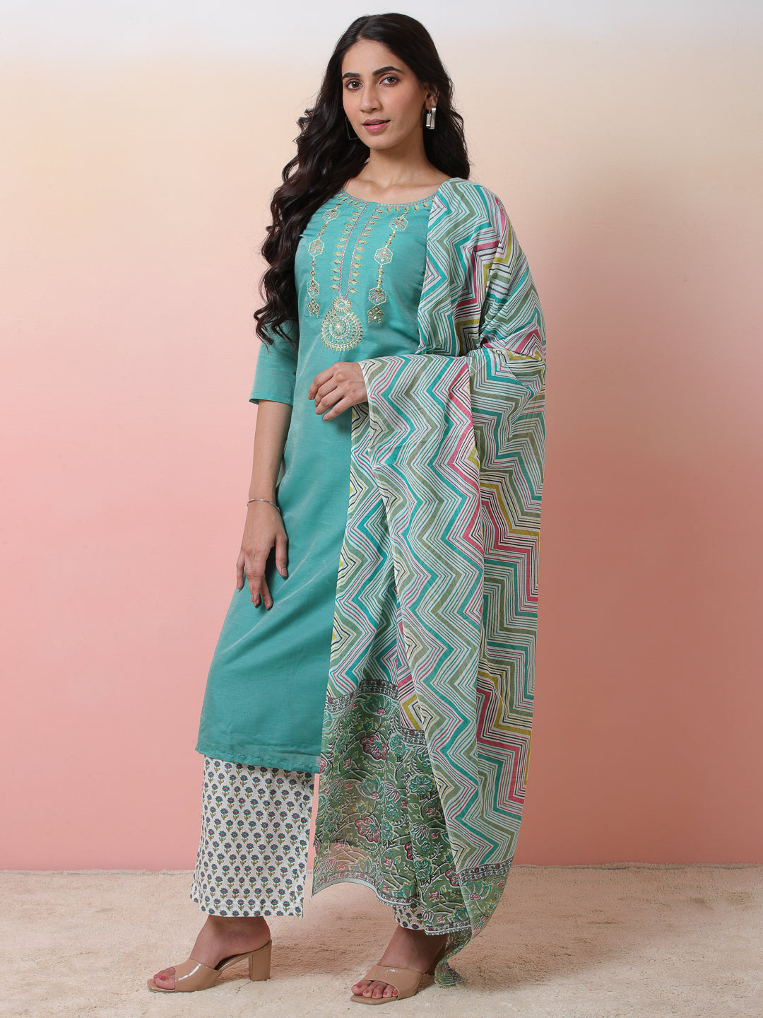 Green & White Printed Kurta Palazzo With Dupatta