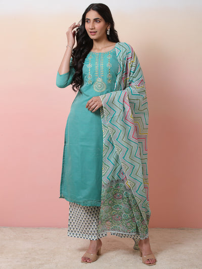 Green & White Printed Kurta Palazzo With Dupatta