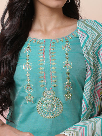 Green & White Printed Kurta Palazzo With Dupatta