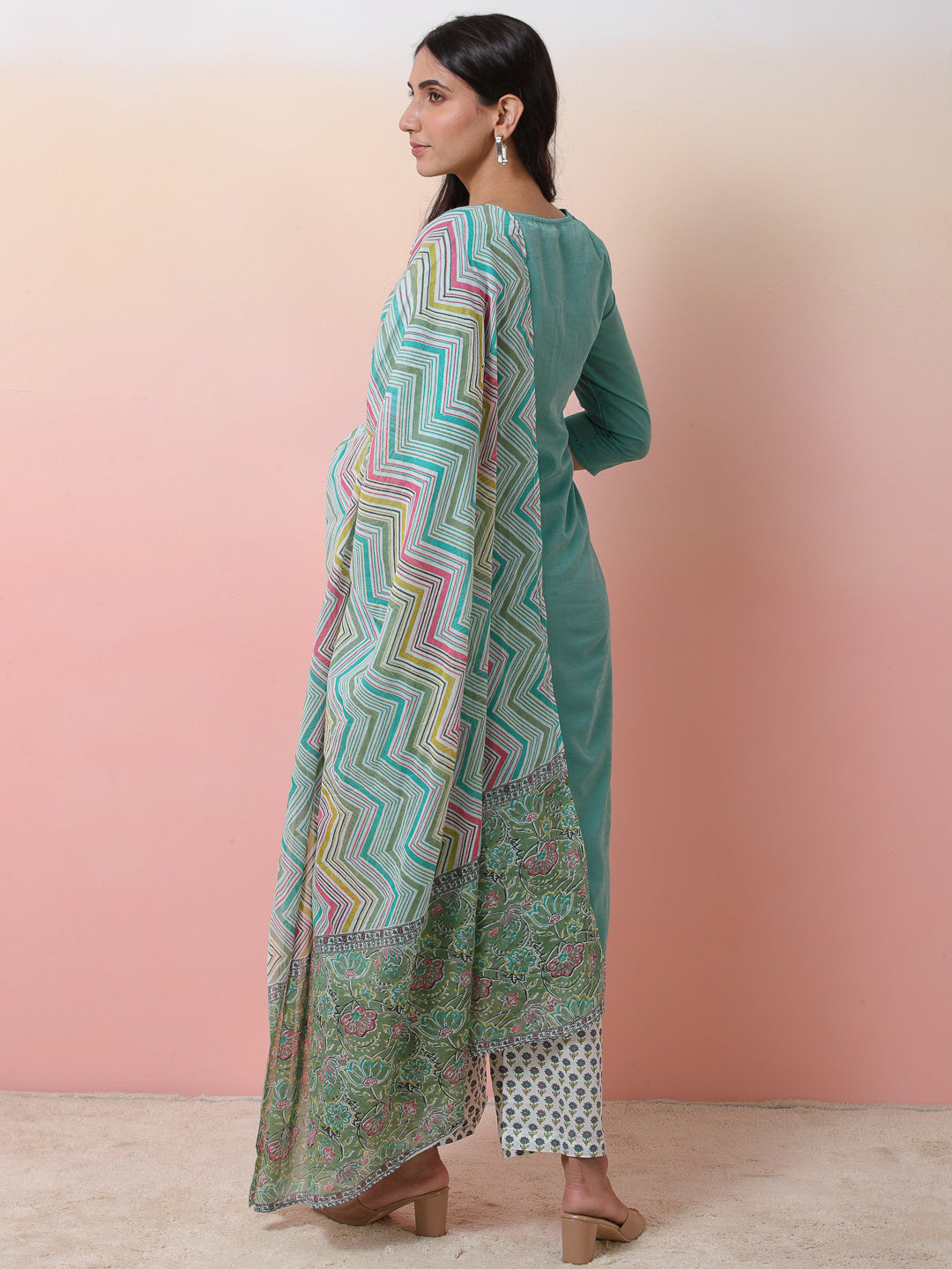 Green & White Printed Kurta Palazzo With Dupatta