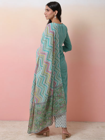Green & White Printed Kurta Palazzo With Dupatta